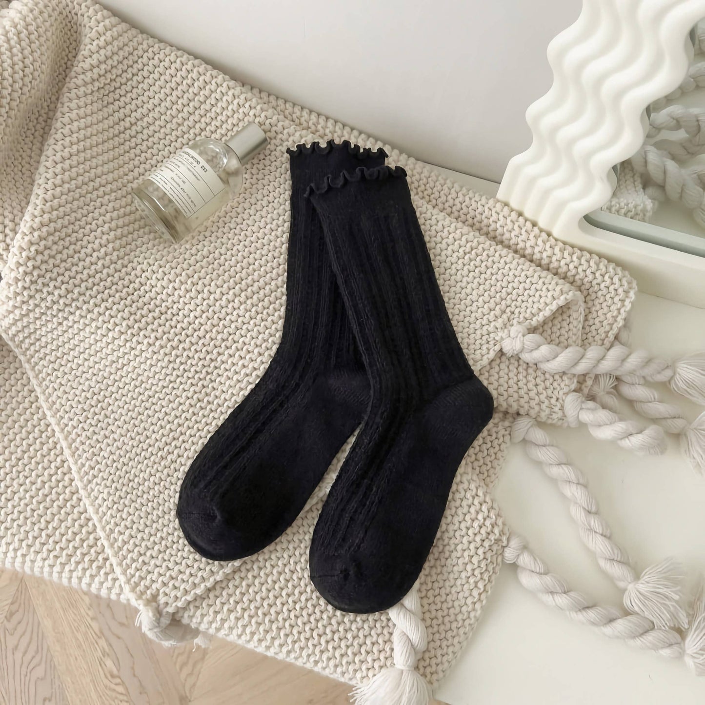Socks | Black Wool Ruffle