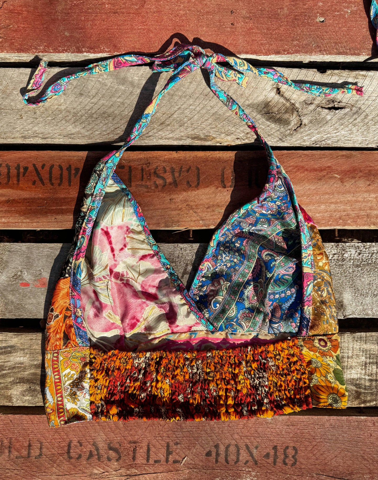 Beachy Boho Hippie Recycled Patchwork Bralette, Bra Top: L/XL