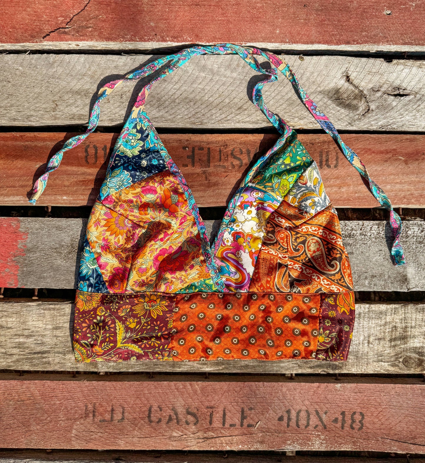 Beachy Boho Hippie Recycled Patchwork Bralette, Bra Top: L/XL