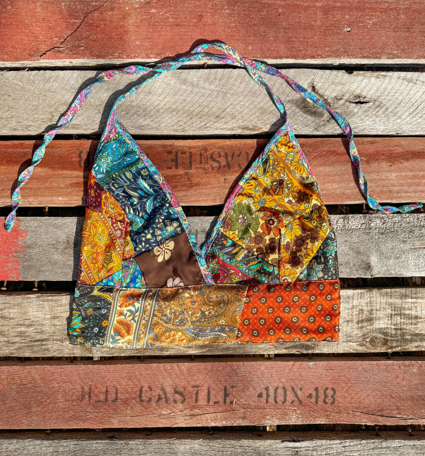 Beachy Boho Hippie Recycled Patchwork Bralette, Bra Top: L/XL