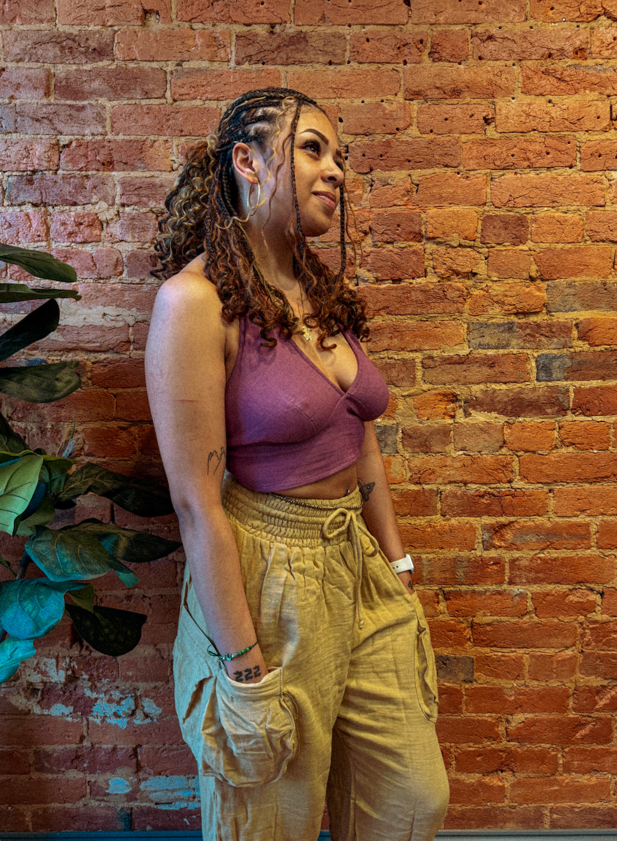 Organic Cotton Bamboo Bralette, Beachy Tie Back Cozy Bra Top: Marron/Brown / S/M