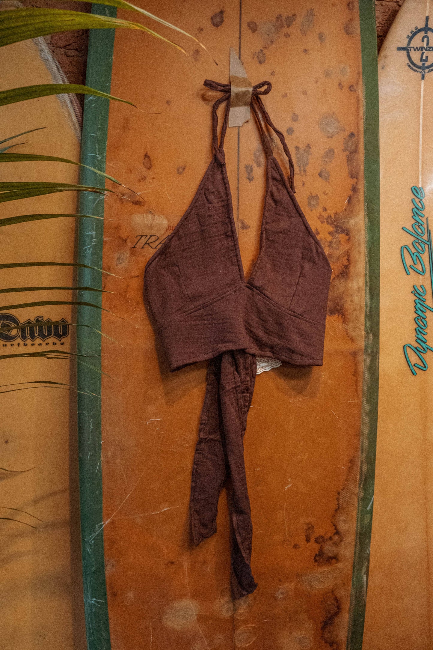 Organic Cotton Bamboo Bralette, Beachy Tie Back Cozy Bra Top: Marron/Brown / S/M