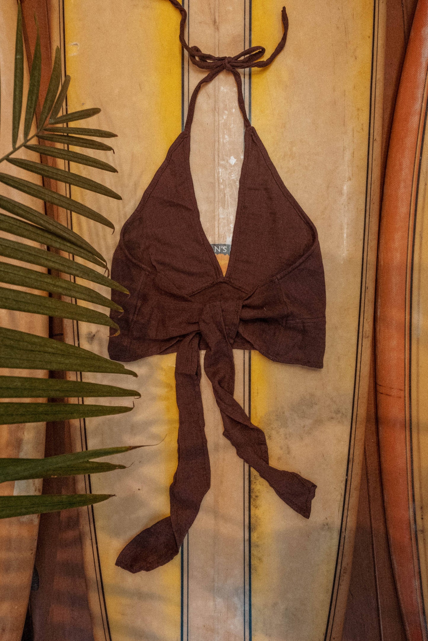 Organic Cotton Bamboo Bralette, Beachy Tie Back Cozy Bra Top: Marron/Brown / S/M